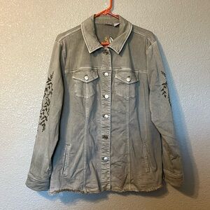 Chicos brand women’s embroidered olive color, denim jacket
